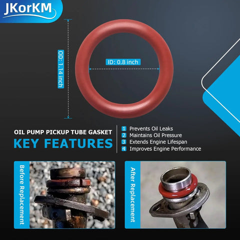 Oil pump pickup tube gasket for replacement in vehicles, showing key features and dimensions, with before and after installation images.