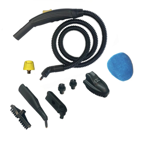 Pro Grade Steam Mop Bundle Featuring 18 Piece Precision Floor Care Kit tools including hose, brushes, and attachments on white background.