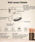 Diagram of LED Sconce Wall Lamps Cordless Rechargeable Battery Powered with USB Port, touch controls, 360-degree rotation.