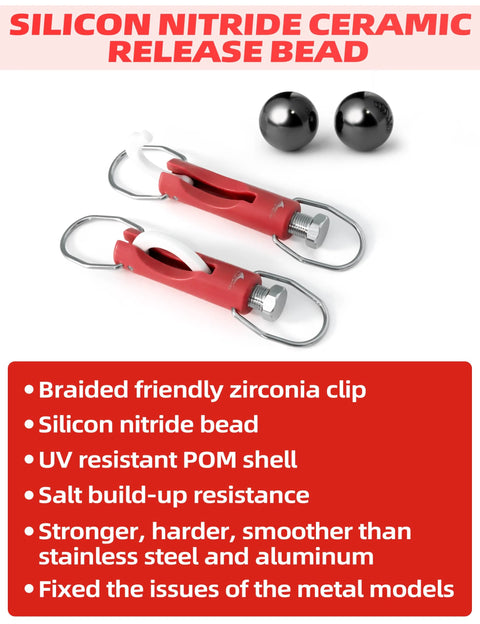 Two red zirconia outrigger release clips for trolling fishing with adjustable 1–60 lb tension