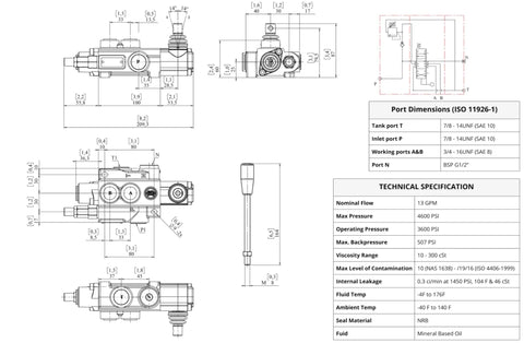 Technical drawing of Open Center Hydraulic Control Valve With 1 Spool 4 Way 3 Position, 13 GPM, 3600 PSI, SAE 10 In Out And SAE 8 Work Ports.