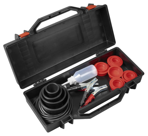 Professional Grade Smoke Diagnostic Kit For Tracking Down Sneaky Vacuum And Exhaust Leaks In Sedans And Trucks With A Hella Flexible Tubing Set And Straightforward Manual Control Dial in a storage case with red and black tools.