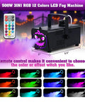 500W Fog Machine With 9 LED Lights And 12 Color Effects For Halloween Weddings Parties; shown with remote and color options