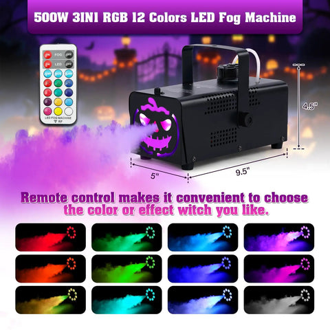 500W Fog Machine With 9 LED Lights And 12 Color Effects For Halloween Weddings Parties; shown with remote and color options