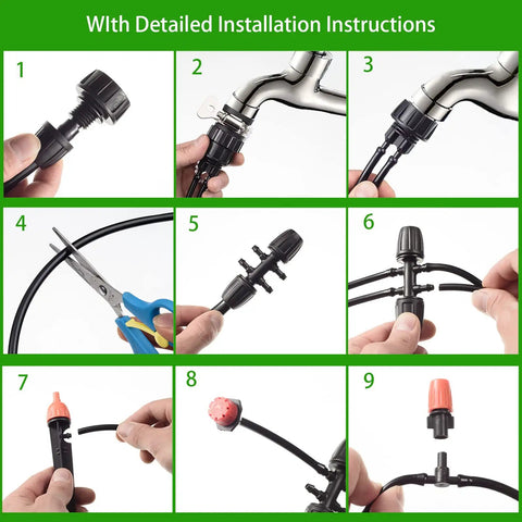 Nine-step installation guide for Drip Irrigation Kit 280 Pcs 147 Ft Garden Watering System with tubing and connectors.