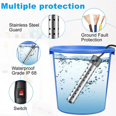 High Power 1500W Immersion Water Heater that heats five gallons fast in minutes with a stainless steel guard cover and switch.