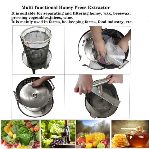 Smooth Operator Manual Honey Press And Beeswax Extractor Machine With Heavy Duty Stainless Steel Frame plus nylon filter bags in use with fruit and juice.