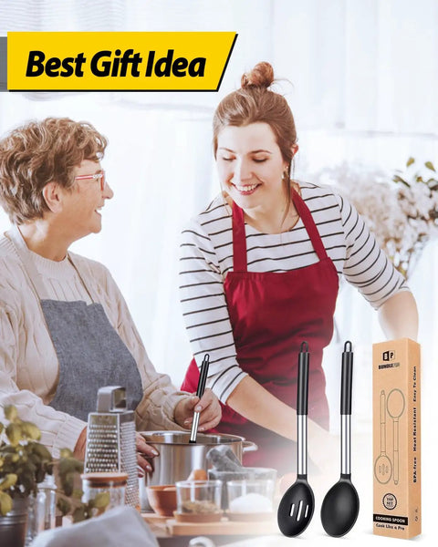 Two people cooking with Two Pack Large Silicone Cooking Spoons Nonstick Basting Utensils Heat Resistant For Mixing Serving Draining And Stirring BPA Free Safe Non Scratch Go To Kitchen Tools For Nonstick Pans Built To Last And Easy To Clean.