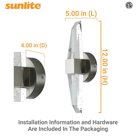 Side view of 12-Inch LED Crystal Shape Two-Light Wall Sconce With Dimmable Warm White Glow, 1000 Lumens, Brushed Nickel Finish, dimensions visible