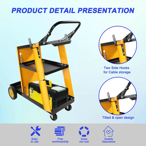 Heavy Duty Multi-Function Welder Trolley For Mig Tig Arc Plasma Cutter With Four Drawer Chest And Safety Chains Moves Effortlessly Across Workshop Floors No Sweat with two side hooks and open design.