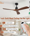 52 Inch solid wood ceiling fan no light, remote control visible, installed in a living room setting, showcasing features