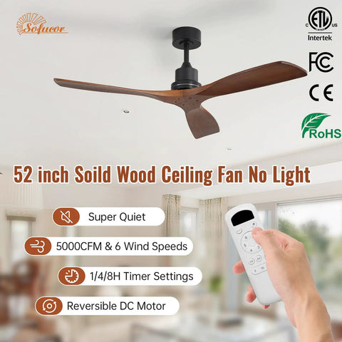 52 Inch solid wood ceiling fan no light, remote control visible, installed in a living room setting, showcasing features
