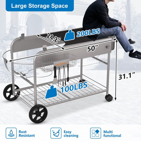 Grill Table Cart For 22 Inch And 18 Inch Original Kettle Charcoal Grills, Outdoor Stand And Prep Station with storage and wheels