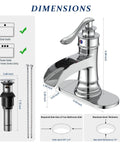 Dimensions of Chrome Waterfall Bathroom Faucet With Single Handle, One Hole Sink Setup, Easy Install Pop Up Drain, Water Supply Lines Included