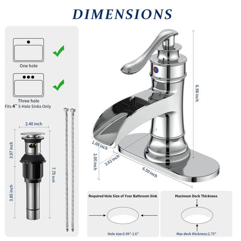 Dimensions of Chrome Waterfall Bathroom Faucet With Single Handle, One Hole Sink Setup, Easy Install Pop Up Drain, Water Supply Lines Included
