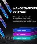 Close-up of Compression Spiral CNC Router Bit 5 Pack Set with NACO Coated Solid Carbide End Mills showing nanocomposite coating layers.