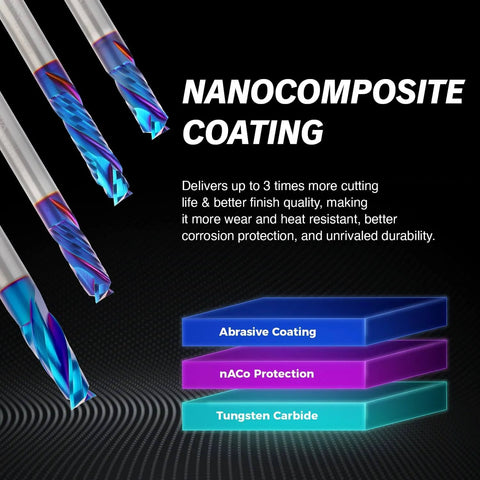 Close-up of Compression Spiral CNC Router Bit 5 Pack Set with NACO Coated Solid Carbide End Mills showing nanocomposite coating layers.