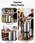 42 Quart Stainless Steel Stock Pot With Strainer, Lid And Handles used for seafood boil, turkey fry, and broth simmering