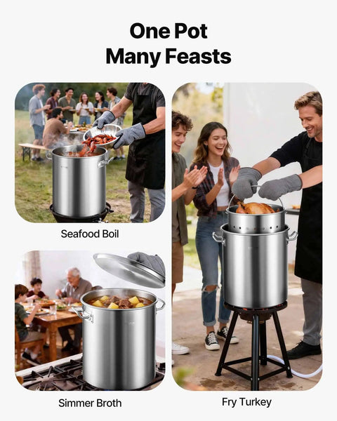 42 Quart Stainless Steel Stock Pot With Strainer, Lid And Handles used for seafood boil, turkey fry, and broth simmering