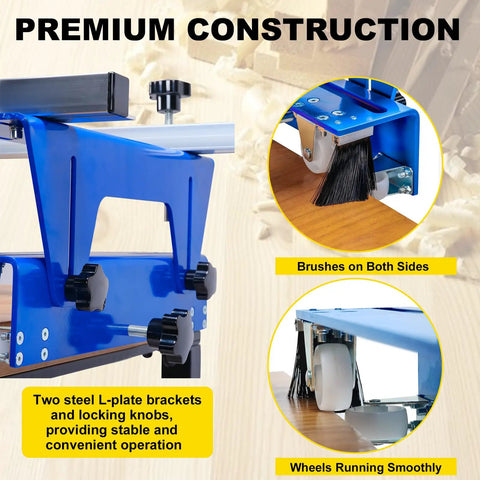 Premium construction of router sled includes steel L-plate brackets, smooth wheels, brushes and easy knob control.