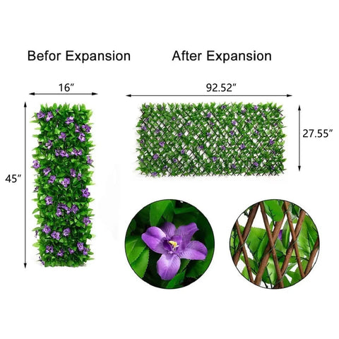 Expandable Fence Privacy Screen For Balcony And Patio, showing before and after expansion, faux ivy, willow frame, with flowers.