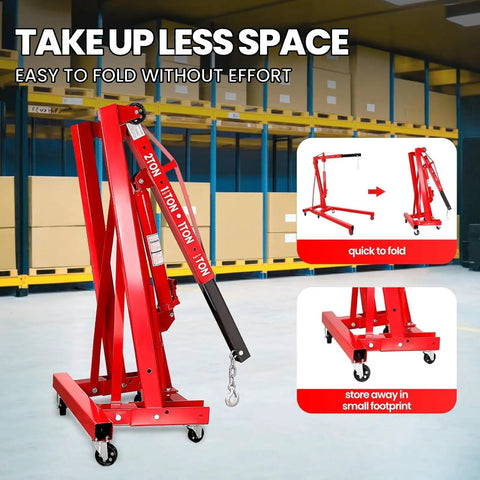 Rock Solid Engine Hoist And Folding Hydraulic Crane Featuring Six Low Friction Casters Built In Leveler Tilt Control And Heavy Duty Steel Shop Workhorse Handling 2 Ton 4400 Lbs Loads in folded position.