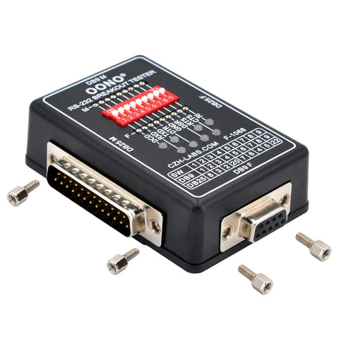RS232 Breakout Tester LED Monitor Module with DB9 Male and DB25 Female connectors for serial data link debugging, no oscilloscope needed.