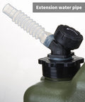Close-up of 5 Gallon Water Jug For Camping And Overlanding, Leak-Proof Water Storage With Spigot, BPA Free Large Military Green Water Tank with extension pipe
