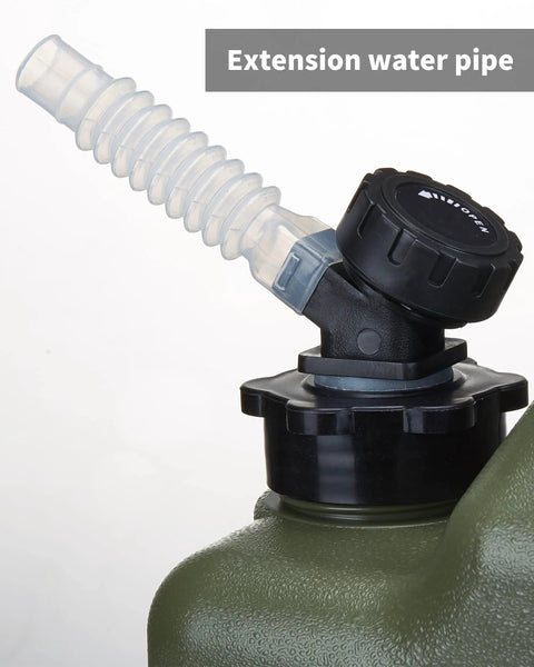 Close-up of 5 Gallon Water Jug For Camping And Overlanding, Leak-Proof Water Storage With Spigot, BPA Free Large Military Green Water Tank with extension pipe