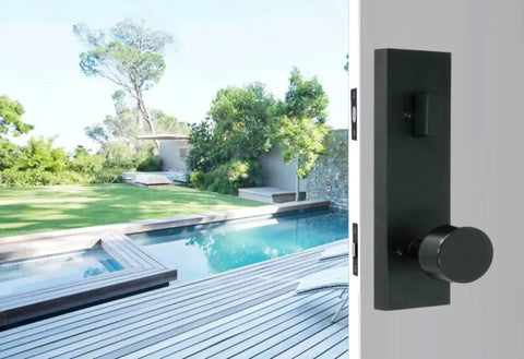 Addy Entry Handle With Mesa Knob Keyed Handleset Matte Black Front Door Hardware Complete Set in exterior view