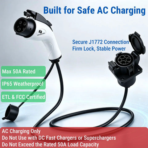 Hella Reliable Heavy Duty EV Charger Extension Cable 17 Foot 50 Amp J1772 Cord For AC Home Charging SAE Certified plug with J1772 connection.