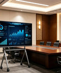 Premium 65 Inch 4K Touch Screen Display On Slick Rolling Cart Base Featuring Dual System Compatible Matte Anti Glare IPS Panel Low Blue Light Eye Care Tech For Corporate Or Classroom Use in a modern conference room.