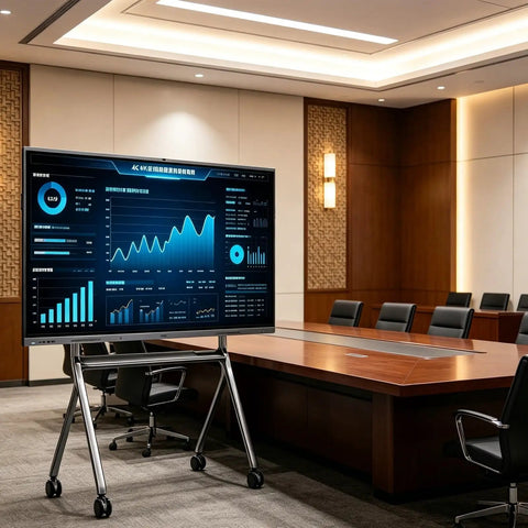 Premium 65 Inch 4K Touch Screen Display On Slick Rolling Cart Base Featuring Dual System Compatible Matte Anti Glare IPS Panel Low Blue Light Eye Care Tech For Corporate Or Classroom Use in a modern conference room.