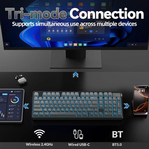 Top Shelf Triple Mode Wireless Gaming Mechanical Keyboard With Full Number Pad And Slick Volume Knob Seamless Bluetooth And Usb C Wired Flex For Pro Gamers in tri-mode connection setup.