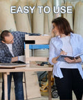 Two people assembling a workbench using Heavy Duty Workbench Corner Brackets Kit For 2x4 Wood 3 Way Right Angle Brackets Actual 1.5x3.5 Inches Fit Includes Screws DIY Custom Work Table Build For Home DIY Projects in a workshop.