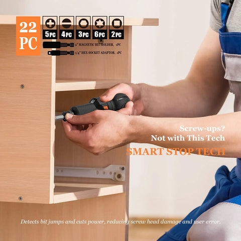 Person using Palm Size 4V Cordless Electric Screwdriver With A 5 Inch Pocket Size Handy One Hand Operation 3 Variable Speeds 320 360 400 RPM Lightweight Portable Kit For Quick Home Repairs And DIY Projects on wooden furniture with bit set displayed.