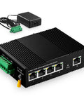 Industrial Ethernet Switch With Four Ports Plus One Uplink 10 100 Mbps Fanless DIN Rail And Wall Mount IP40 Aluminum Alloy Minus 40 To 75 C Operating Temp Includes Power Supply image.