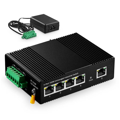 Industrial Ethernet Switch With Four Ports Plus One Uplink 10 100 Mbps Fanless DIN Rail And Wall Mount IP40 Aluminum Alloy Minus 40 To 75 C Operating Temp Includes Power Supply image.