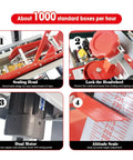Heavy Duty Full Automatic Double Flap Case Sealer Machine For Fast Box Taping And Smooth Warehouse Packing showcases sealing head, locking mechanism, dual motor, and altitude scale.