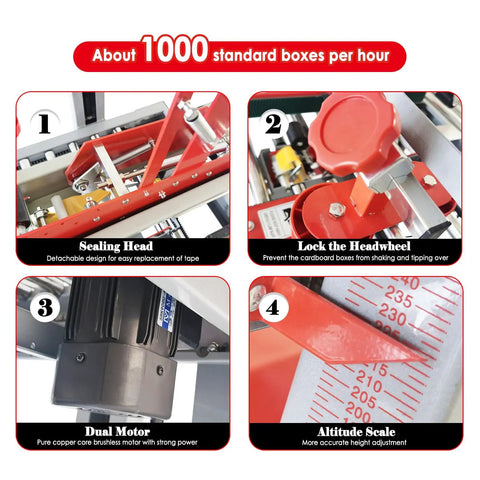 Heavy Duty Full Automatic Double Flap Case Sealer Machine For Fast Box Taping And Smooth Warehouse Packing showcases sealing head, locking mechanism, dual motor, and altitude scale.