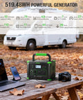 500W Portable Power Station With 519.48Wh Solar Generator Battery, multi-device charging at campsite table with RV