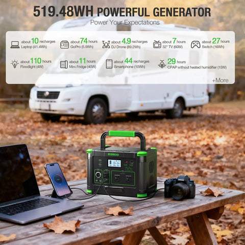 500W Portable Power Station With 519.48Wh Solar Generator Battery, multi-device charging at campsite table with RV
