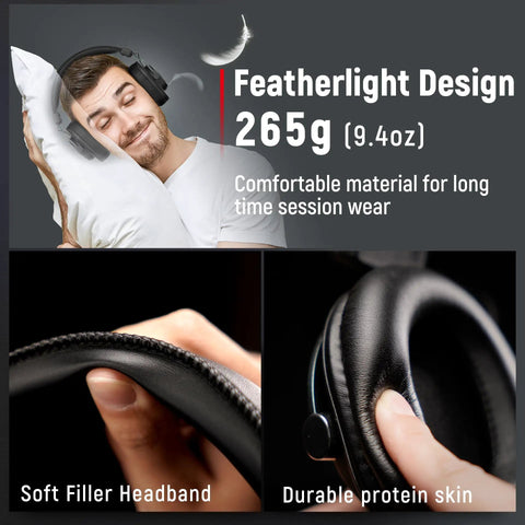Studio Monitor Headphones For Recording With 50mm Drivers, lightweight design, soft filler headband, durable protein skin.