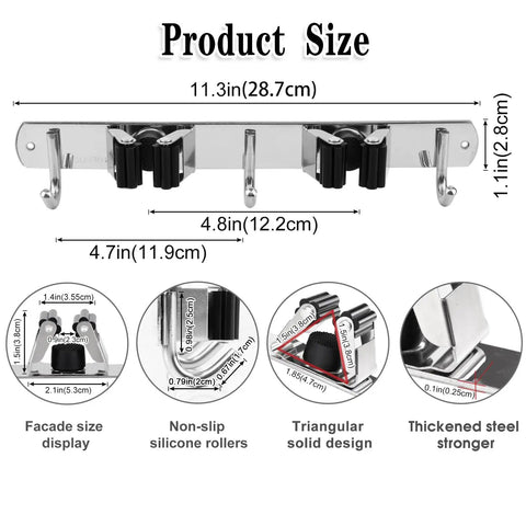 Dimensions of Two Racks And Three Hooks Broom And Mop Holder Wall Mounted Garage Organizer Beefy Stainless Steel Heavy Duty Hangers