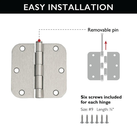 Sturdy Steel Interior Door Hinges 3.5 In By 3.5 In Rounded 5/8 In Radius Satin Nickel 10 Pack Pre Lubricated No Squeak Water Resistant