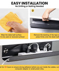Installation steps for Under Desk Cable Management Tray 31.5 Inch Two Pack Cord Organizer And Hider showing adhesive application.