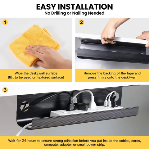 Installation steps for Under Desk Cable Management Tray 31.5 Inch Two Pack Cord Organizer And Hider showing adhesive application.