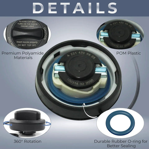 Mercedes Benz Gas Cap Replacement 2214700605 material details and close-up of seal features for C, CL, CLK, CLS, E, G, GLK, AMG, S, SL models