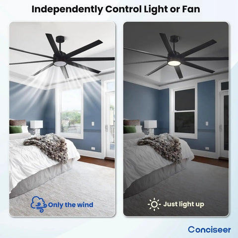 72 Inch Ceiling Fan With Light And Remote For Bedroom Living Room Library Cafe Outdoor Industrial Use 24W 3CCT Dimmable, 8 Blades, 6 Speed Reversible Quiet DC Motor, Black shown in bedroom