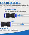 Brintek push-to-connect pneumatic fittings with blue collars and tube, front-view instructional diagram